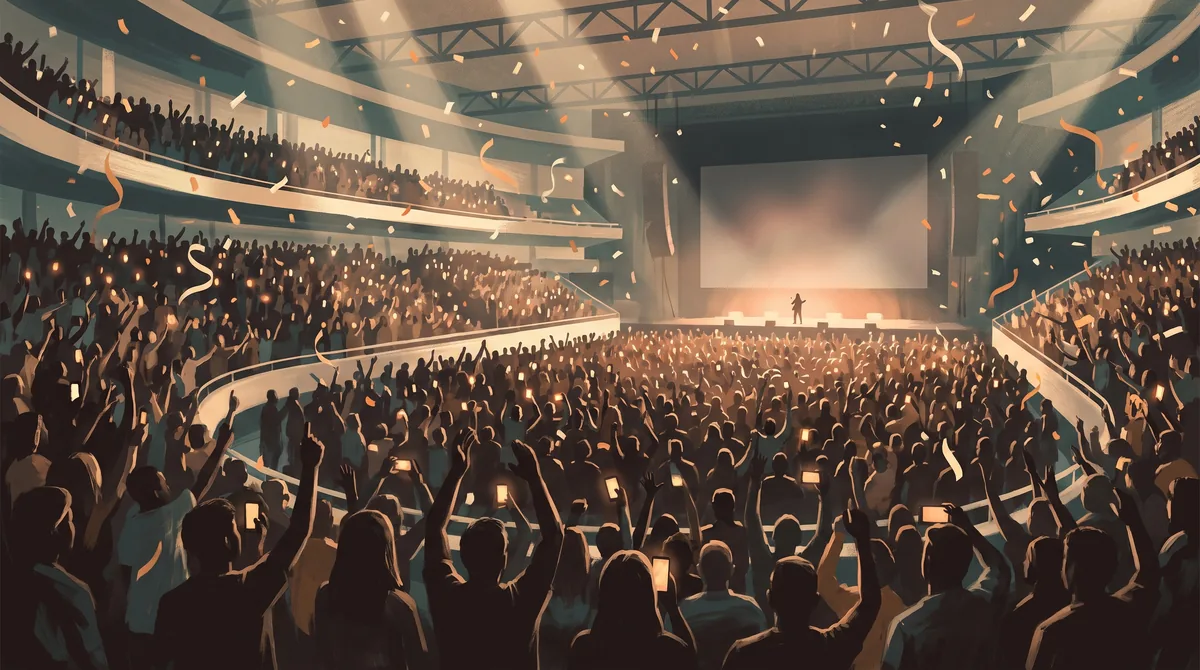 Indoor arena concert seen from an elevated mid-level looking across a packed standing floor toward a distant stage, the audience in silhouette from behind with raised arms and scattered glowing phone screens, filled seating tiers curving away on both sides, amber and cream confetti and streamers falling through hazy spotlight beams from steel roof trusses, one small performer silhouette on a warmly lit stage in front of a blank screen