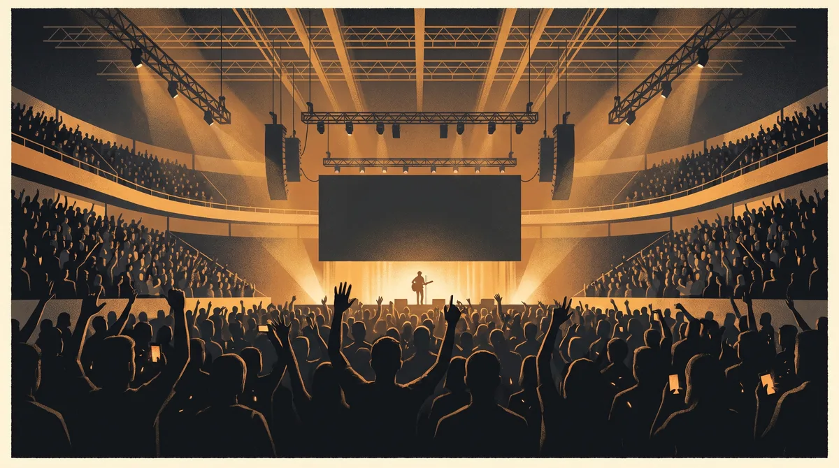 Indoor arena concert seen from the back of the standing floor at eye level, a dense audience in silhouette with raised arms and scattered glowing phone screens, curved seating tiers filled with more people to either side, facing a distant warmly lit stage with one small performer silhouette and a blank dark screen, under a ceiling of steel trusses and hazy warm spotlight beams