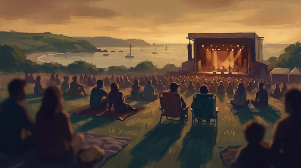 Outdoor concert on a coastal golf course lawn at sunset, silhouetted audience on blankets and low chairs facing a warmly lit stage, with a calm bay and low hills beyond