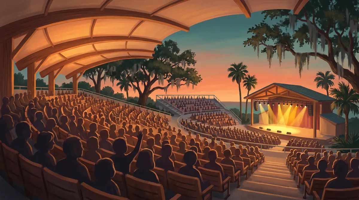 Outdoor coastal concert at sunset, an audience seen from behind as silhouettes seated in tiered rows of bench seating under a broad arched canopy, with a separate uncovered open-air seating section beyond it open to the sky, facing a warmly lit stage under its own gabled roof, ringed by spreading oaks draped with Spanish moss and tall palm trees under a golden orange sky