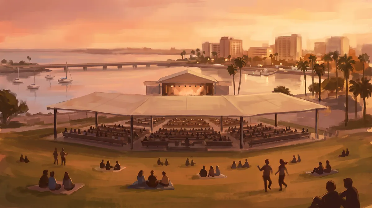 Outdoor waterfront concert at sunset seen from the back of the venue looking downhill, an audience of silhouettes sitting on blankets on an open grassy slope in the foreground with nothing above them, a separate covered grandstand further downhill where tiered rows of seats sit beneath a wide pale canopy roof, facing a warmly lit stage under its own small roof, with calm harbor water, moored sailboats, a long low bridge, palm trees and plain mid-rise buildings under a golden orange sky