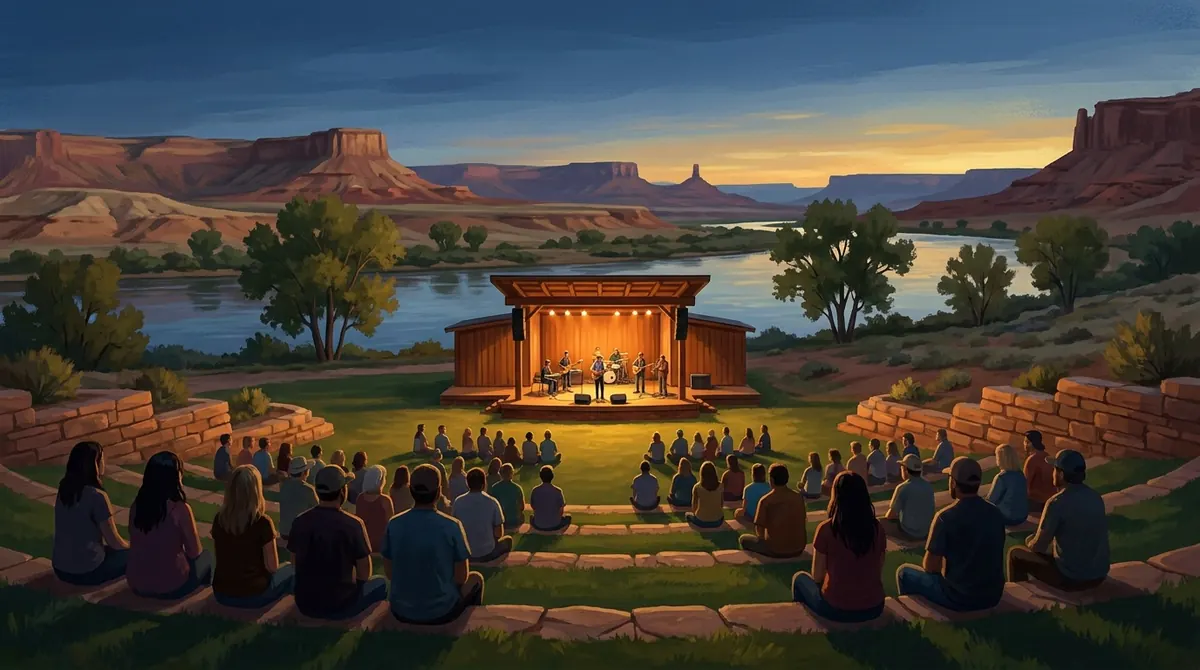 Outdoor amphitheater concert at dusk, an audience seen from behind on terraced stone seating and a grass lawn facing a small lit stage, with a wide river and flat-topped desert mesas under a fading orange and blue sky beyond