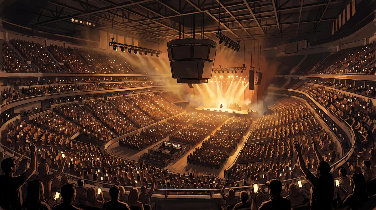 Indoor arena concert seen from an upper tier looking down, a packed audience in silhouette across the tiered bowl and floor with raised arms and glowing phone screens, facing a distant warmly lit stage under a dark ceiling of trusses and a blank centre-hung cluster