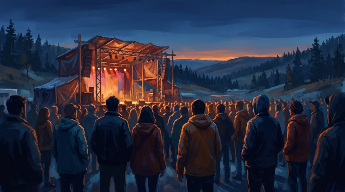 Outdoor concert at dusk in an open lot at the edge of a pine forest, a standing audience seen from behind in jackets and hoodies facing a warmly lit stage, with forested ridgelines under a deep blue sky beyond