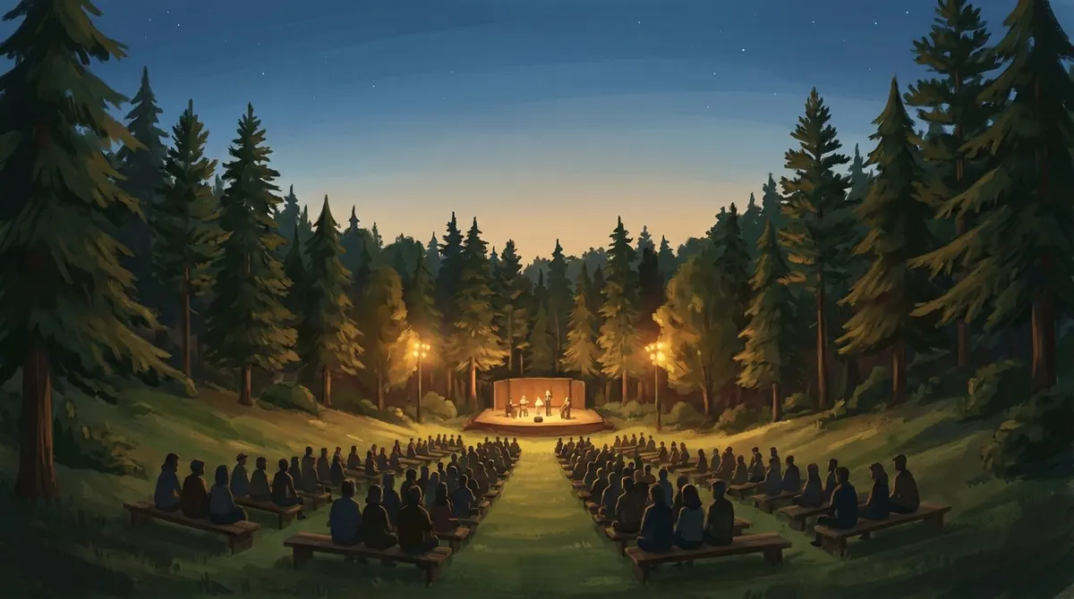 Outdoor concert at dusk in a natural wooded hollow, an audience seen from behind on rows of wooden benches down a grass slope facing a small warmly lit stage, ringed by tall pine and cedar trees under a deep blue sky