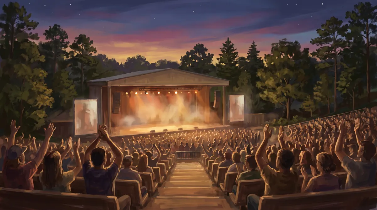 Outdoor amphitheater concert at sunset, an audience seen from behind seated in tiered rows of wooden bench seating split by a centre staircase, many with arms raised, facing a warmly lit stage under a canopy, ringed by tall pines under an orange and deep blue sky