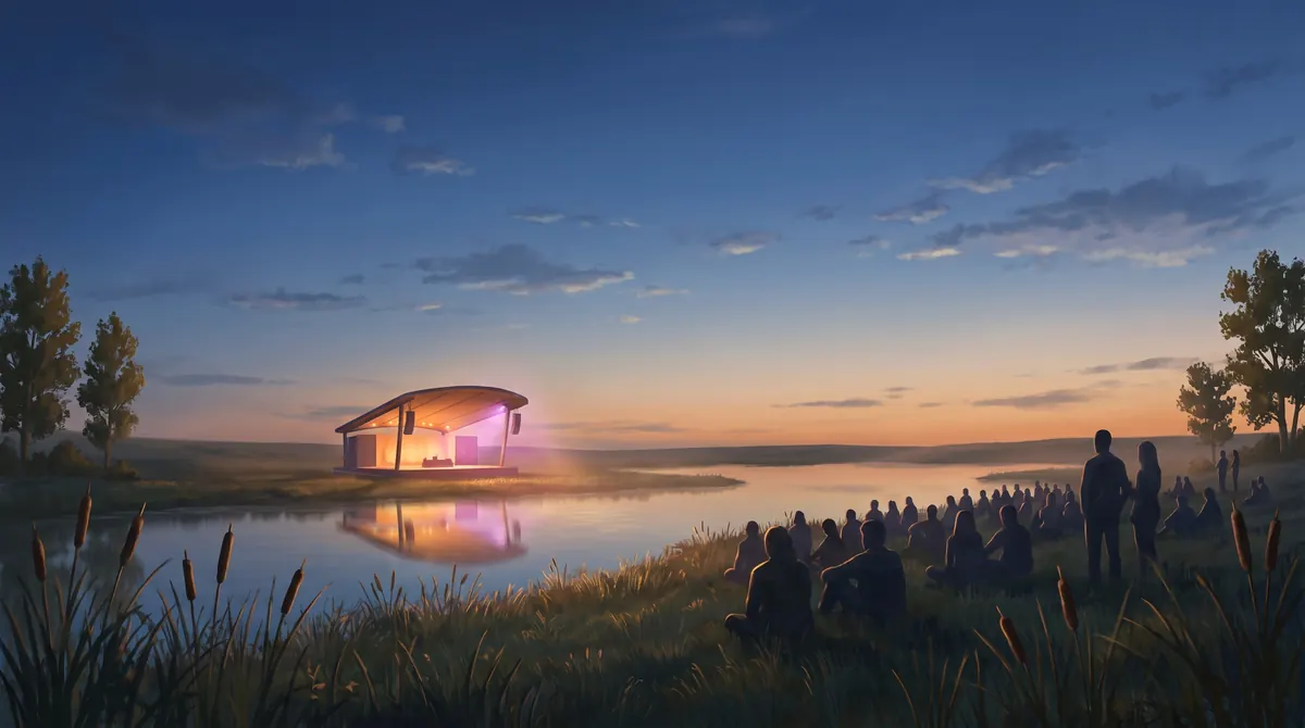 Outdoor concert at dusk on open prairie beside a calm lake, an audience seen from behind as silhouettes on a grass bank, facing a small warmly lit stage across the water, with tall reeds in the foreground and a wide orange and blue sky over a low flat horizon