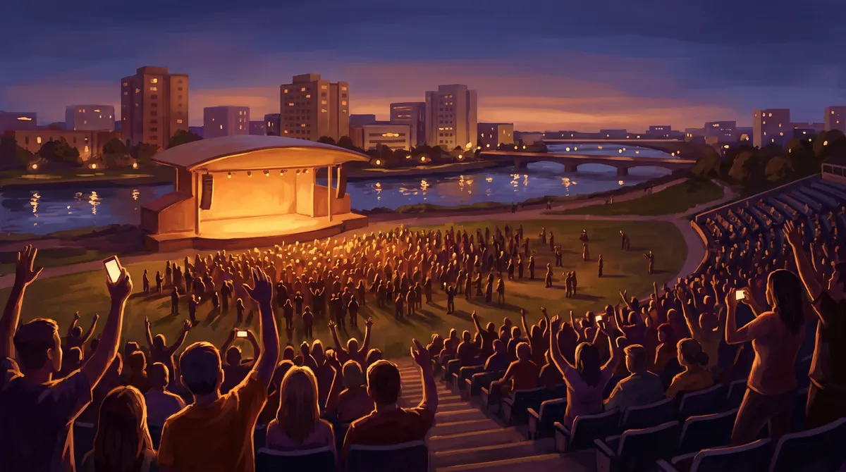 Outdoor riverfront concert at dusk, a large audience seen from behind with raised arms and a few glowing phone screens, some on blankets on a grass lawn, facing a warmly lit stage under a simple canopy, with a river, a plain arch bridge and a generic mid-rise skyline beyond
