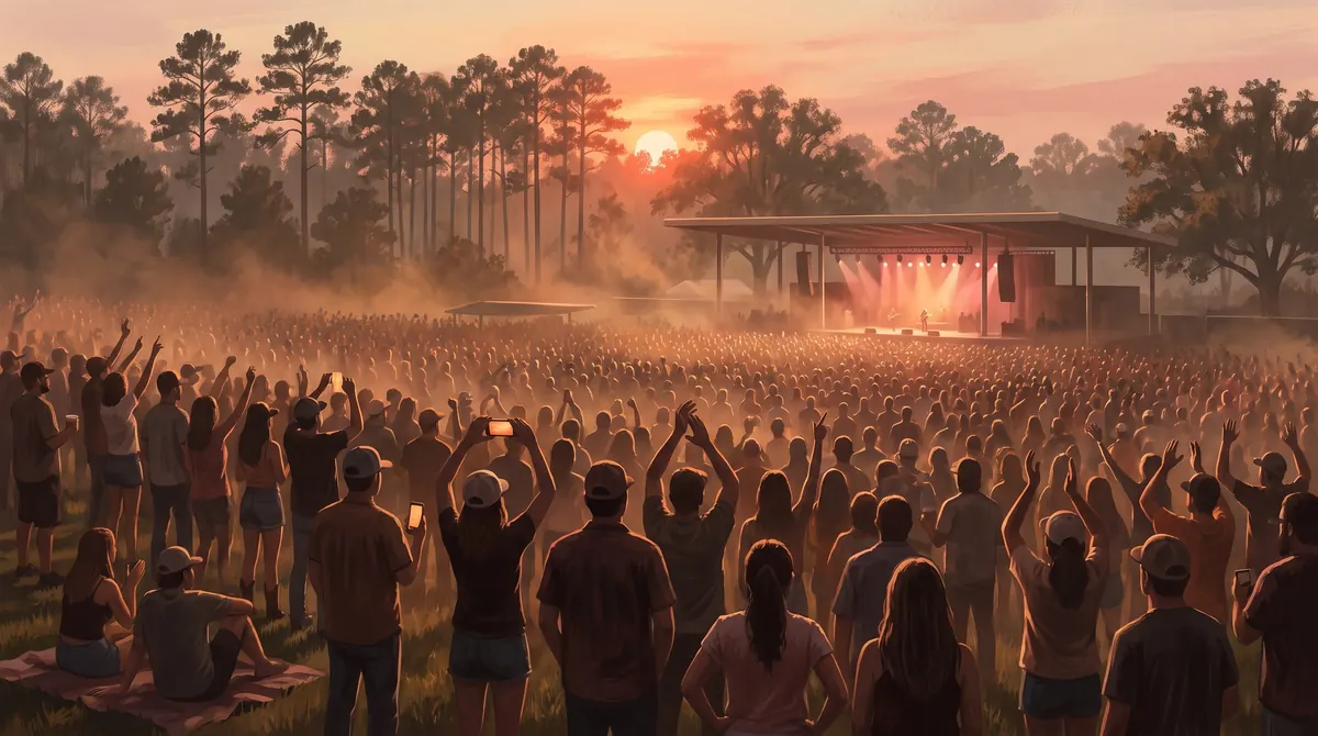 Outdoor country concert at sunset, a large audience seen from behind with arms raised and a few glowing phones, some sitting on blankets on the grass, facing a flat-roofed pavilion stage lit warm amber at the mid-right, with tall pines and hardwoods behind it under a hazy golden sky
