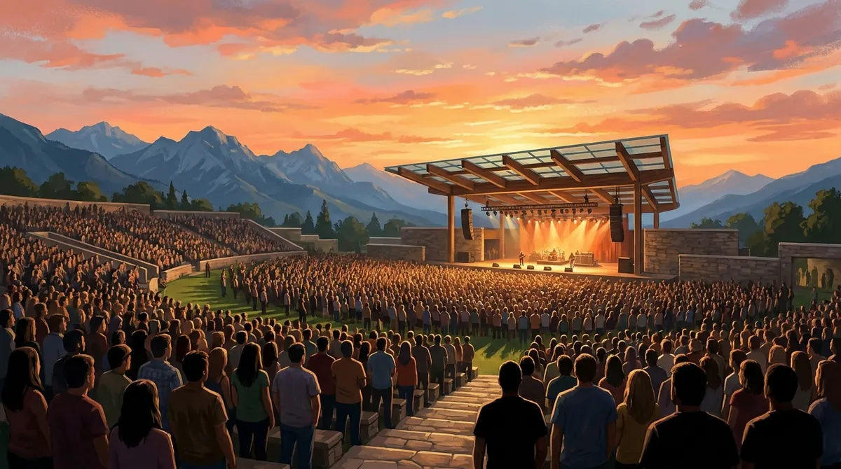 Outdoor amphitheater concert at sunset, an audience seen from behind filling tiered seating and a grass lawn facing a warmly lit stage under a timber canopy, with layered mountain foothills and an orange and pink sky beyond