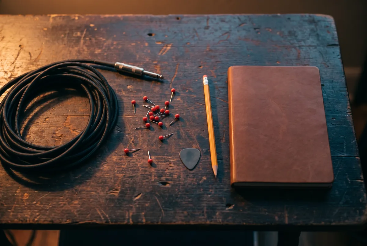 Overhead view of a coiled black guitar cable, scattered red map pins, a guitar pick, a pencil and a closed leather notebook on a weathered wood table