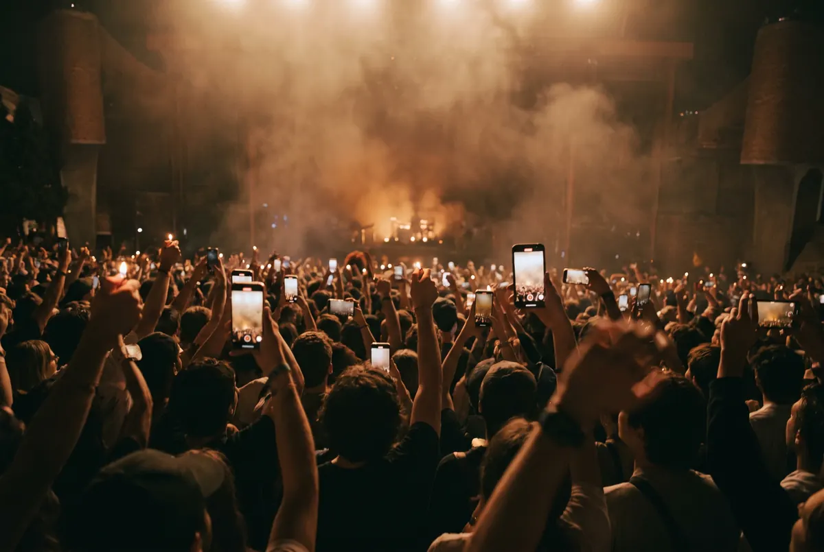 View from inside a packed general-admission concert crowd at night, raised hands and lit phone screens in front of a hazy stage