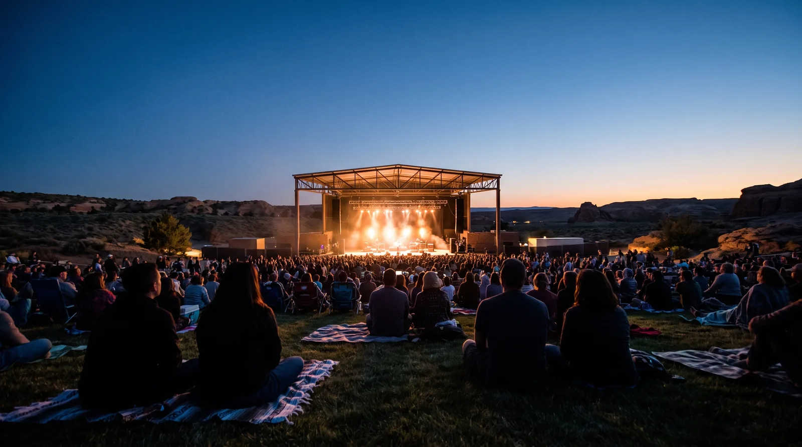 Outdoor amphitheater at dusk in a high-desert valley, silhouetted crowd on a sloped lawn facing a brightly lit empty stage under an indigo and orange sky