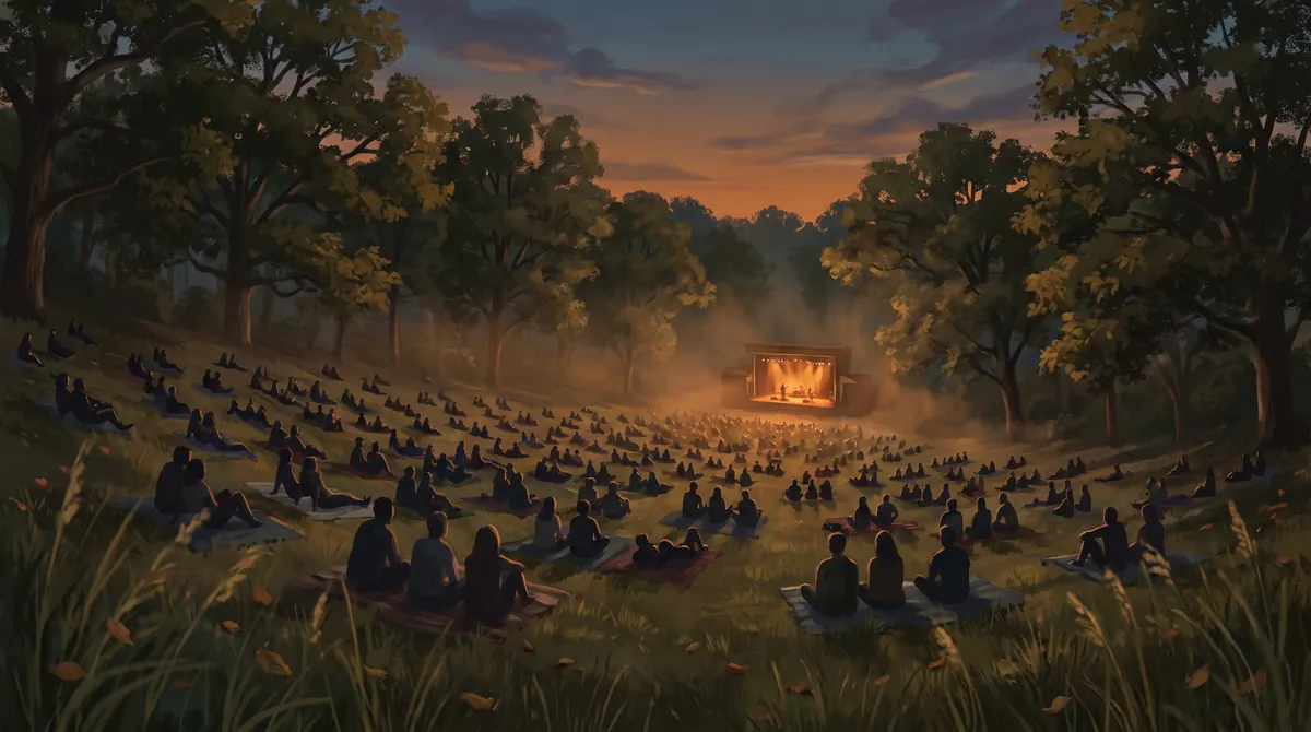 Outdoor concert at dusk in a natural wooded bowl, an audience seen from behind as silhouettes seated on a sloping grass hillside facing a small warmly lit stage below, ringed by dense broadleaf hardwood trees under a hazy orange and grey-blue sky